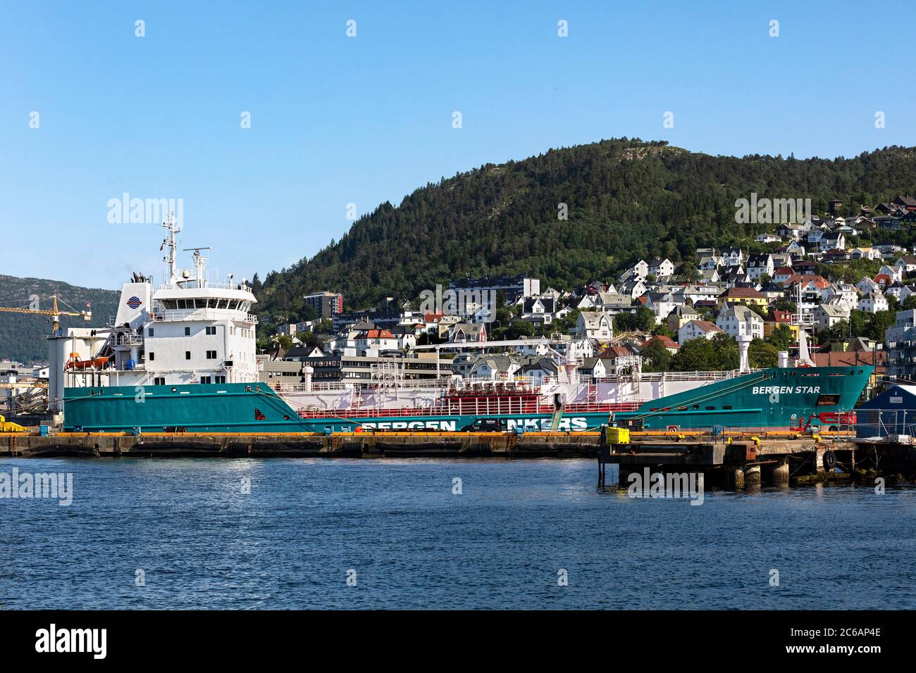Oil products tanker Bergen Star at the old BMV Laksevaag shipyard along Puddefjorden and Byfjorden in the port of Bergen, Norway. Stock Photo