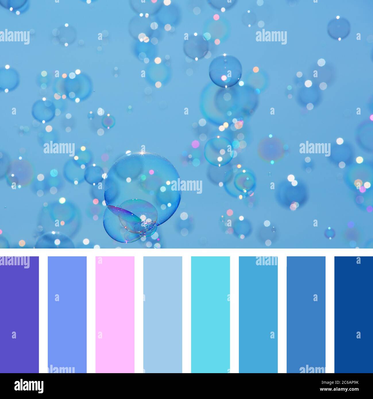 A background of delicate soap bubbles over a blue sky, in a colour palette with complimentary