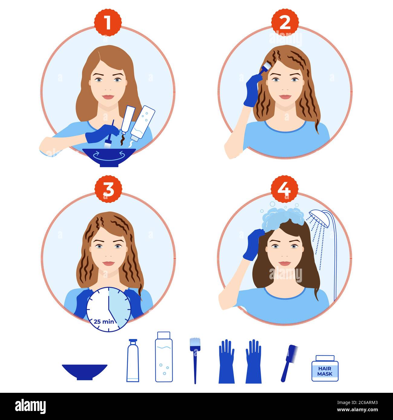 Hair dyeing icons set. How to dye hair at home tutorial. Stock Vector