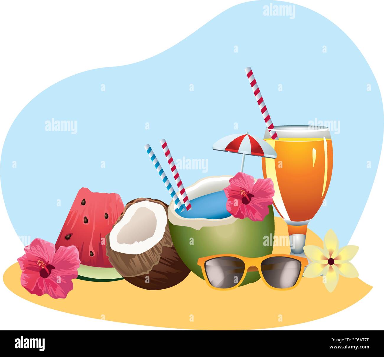 fresh coconut cocktail with umbrella and watermelon on the beach vector ...
