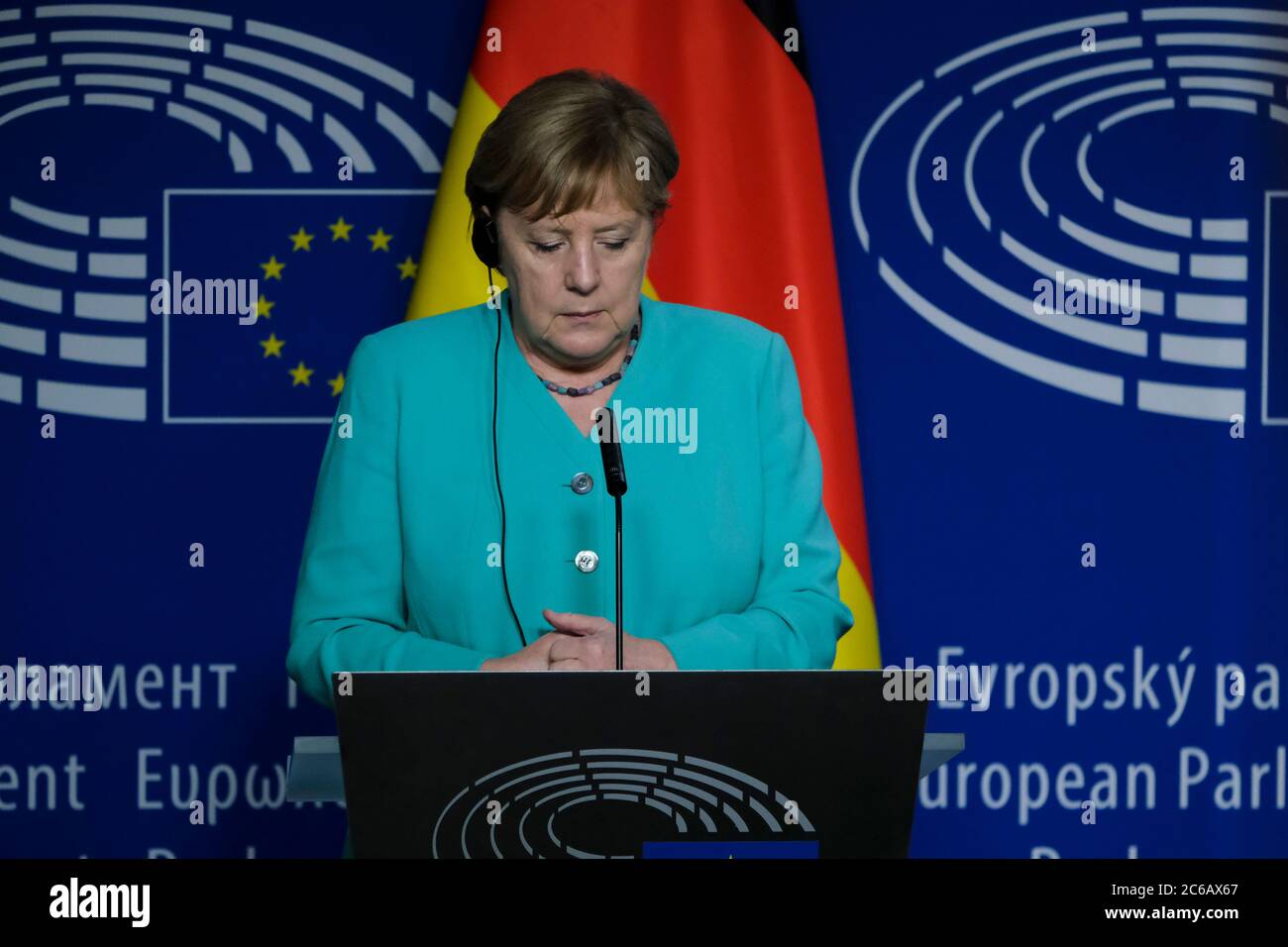 Brussels, Belgium. 08th July, 2020. German Chancellor Angela Merkel and European Parliament President David Sassoli attend in joint press conference at the European Parliament in Brussels, Belgium on July 8, 2020. Credit: ALEXANDROS MICHAILIDIS/Alamy Live News Stock Photo