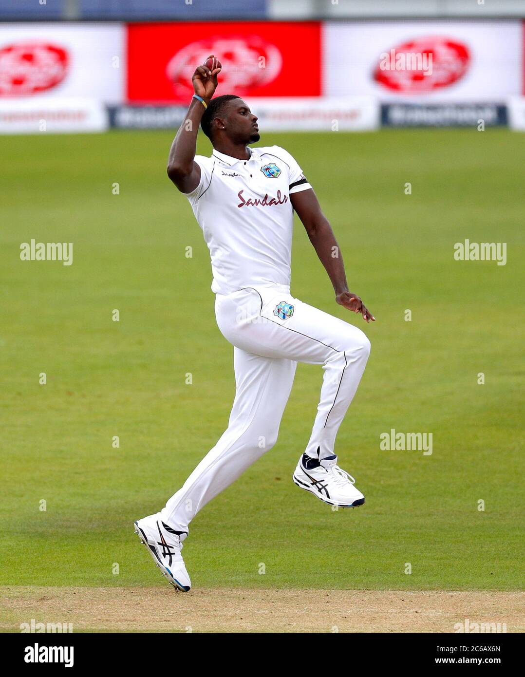 West Indies captain Jason Holder bowls during day one of the Test