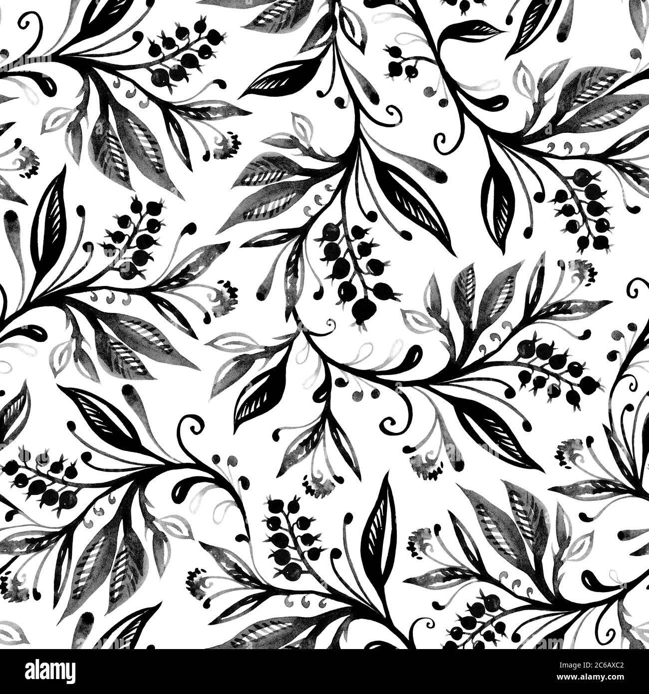 Floral seamless pattern with leaves and berries in grayscale.  Stock Photo
