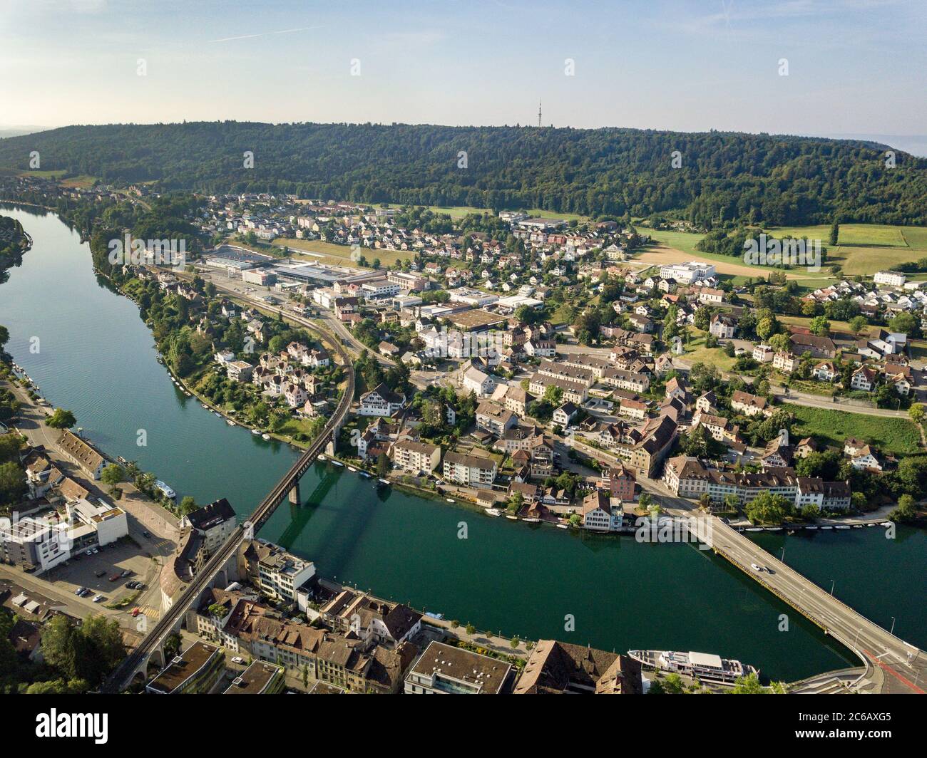 Aerial view of Swiss borough Feuerthalen on the Rhine river, Canton Zurich, Switzerland Stock Photo