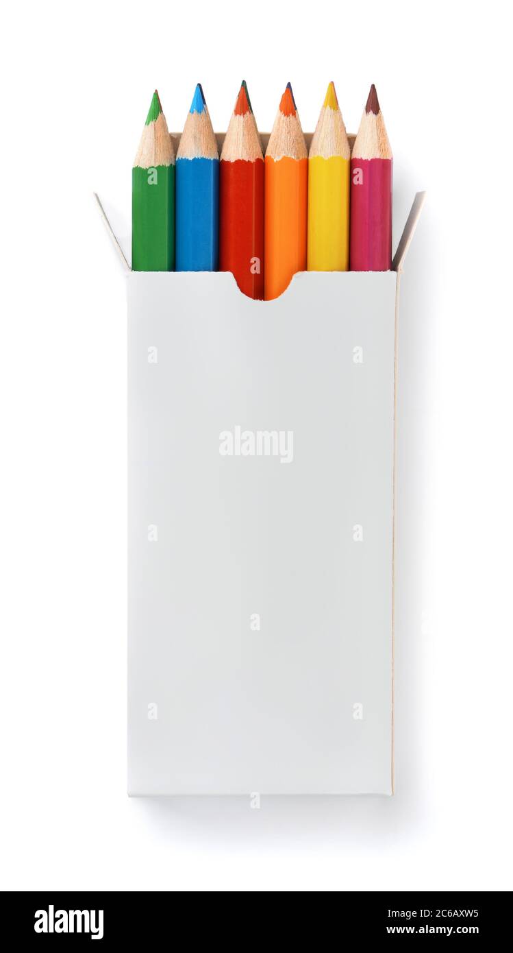 Front view of blank box with color pencils set isolated on white Stock Photo