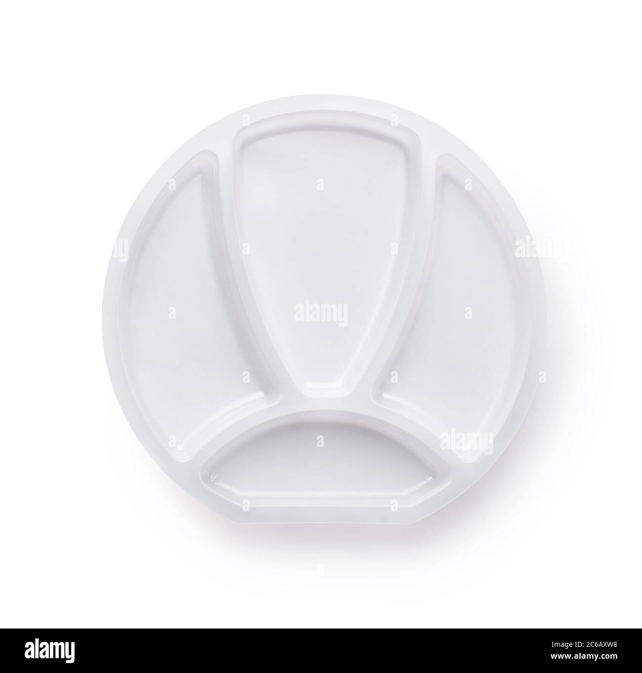 Top view of four compartment white plastic plate isolated on white Stock Photo