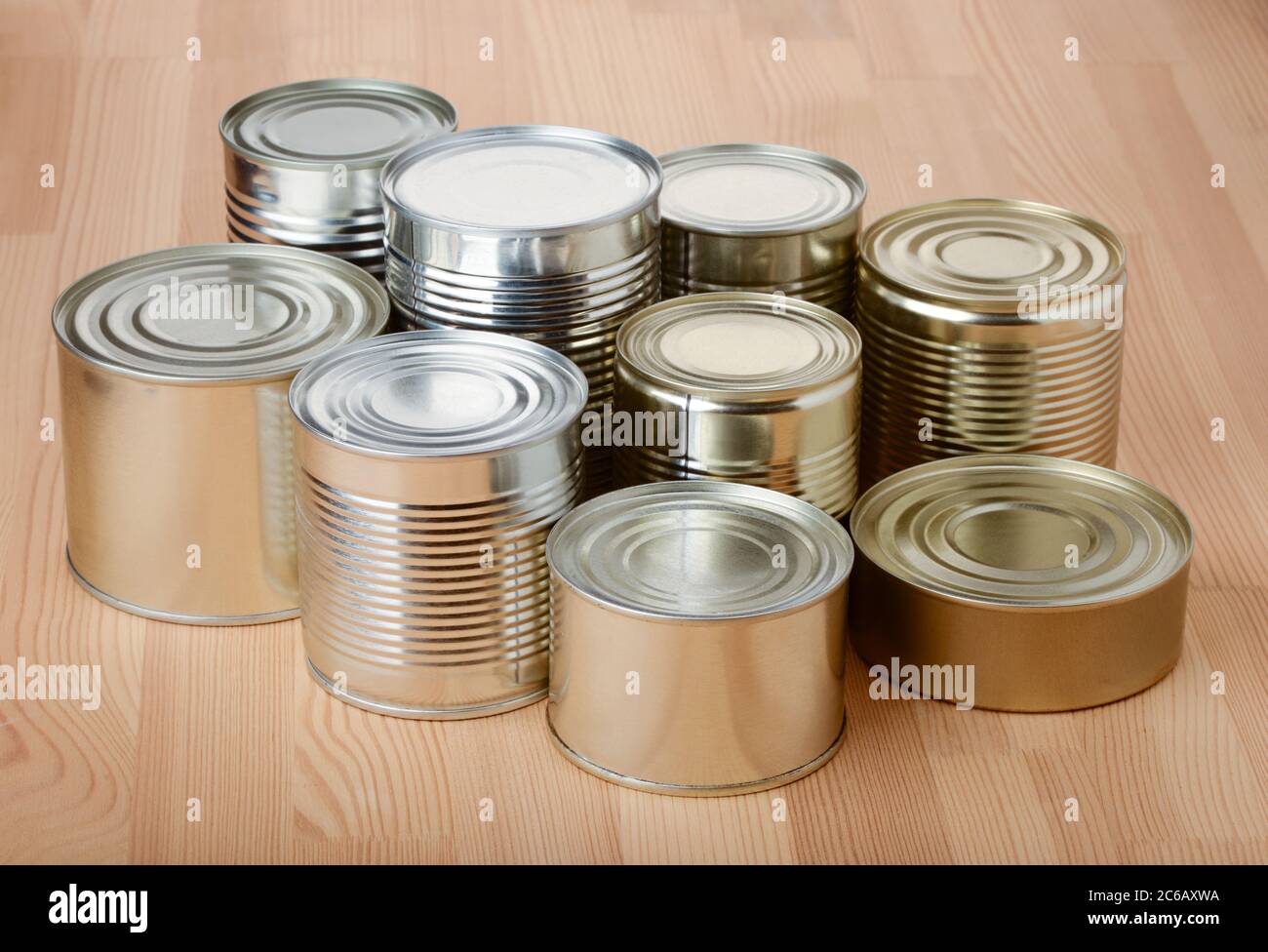 Group of food tin cans isolated on white Stock Photo