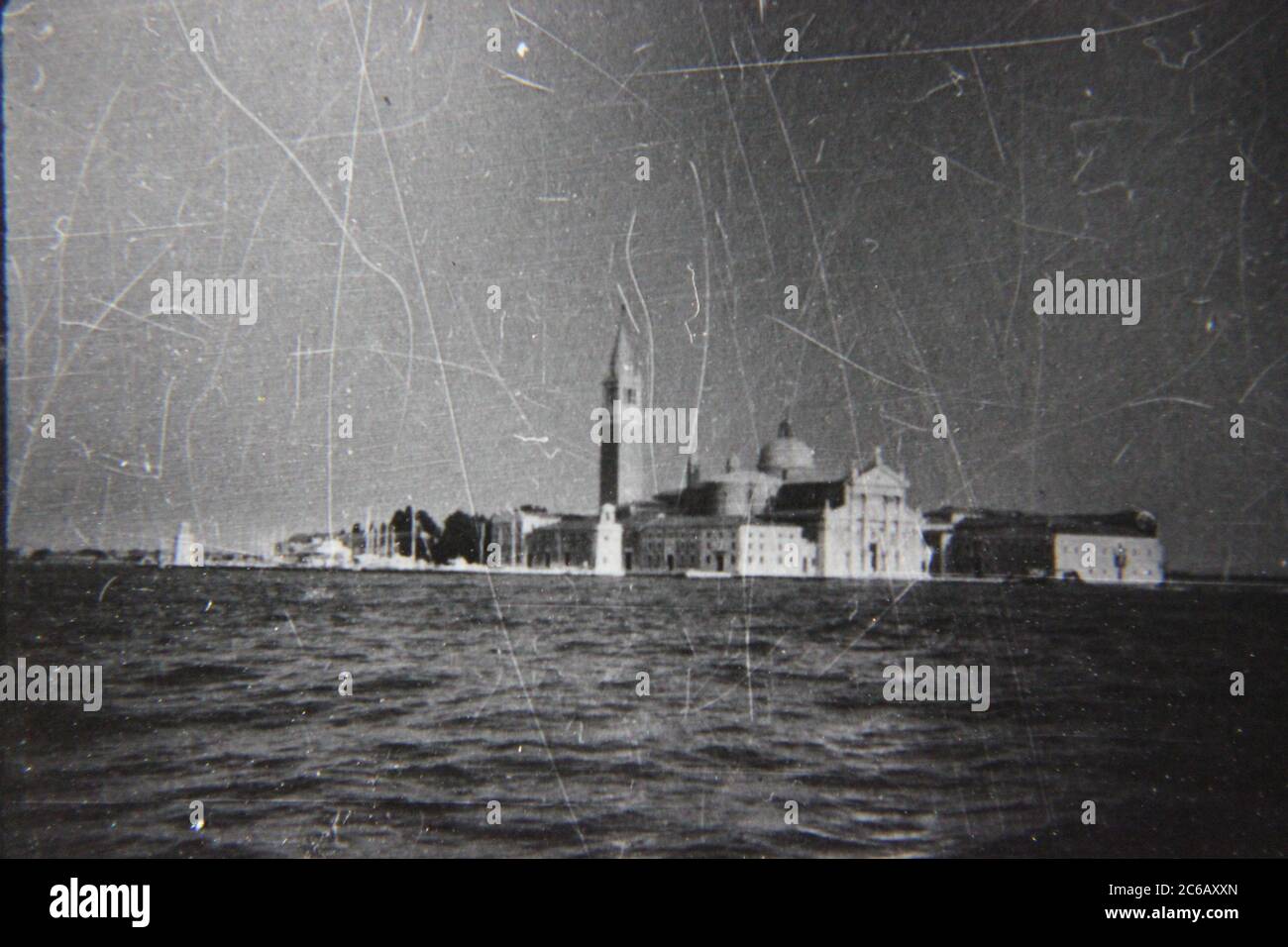 Fine 70s vintage black and white lifestyle photography of San Giorgio Maggiore in beautiful Venice, Italy. Stock Photo