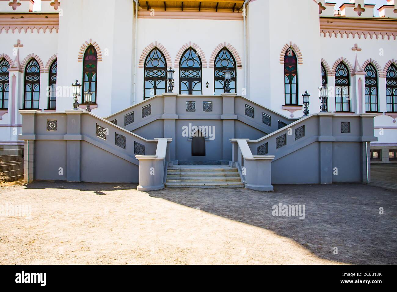Exterior details of an old medieval castle. Beautiful facade of the palace in Kossovo, Brest region, Belarus. Stock Photo