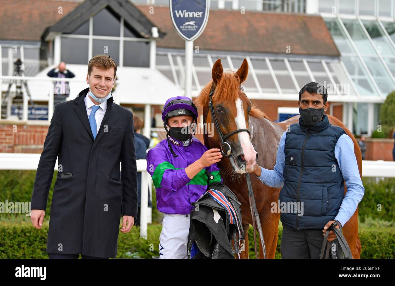 Cairn Gorm and jockey Tom Marquand after winning the Oakley Coachbuilders EBF Novice Auction Stakes at Newbury Racecourse 8th July 2020 at Newbury Racecourse. Stock Photo