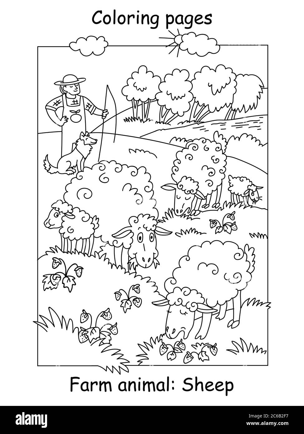 Vector coloring pages with cute sheeps gracing on meadow and shepherd with his dog. Cartoon contour illustration isolated on white background. Stock i Stock Vector