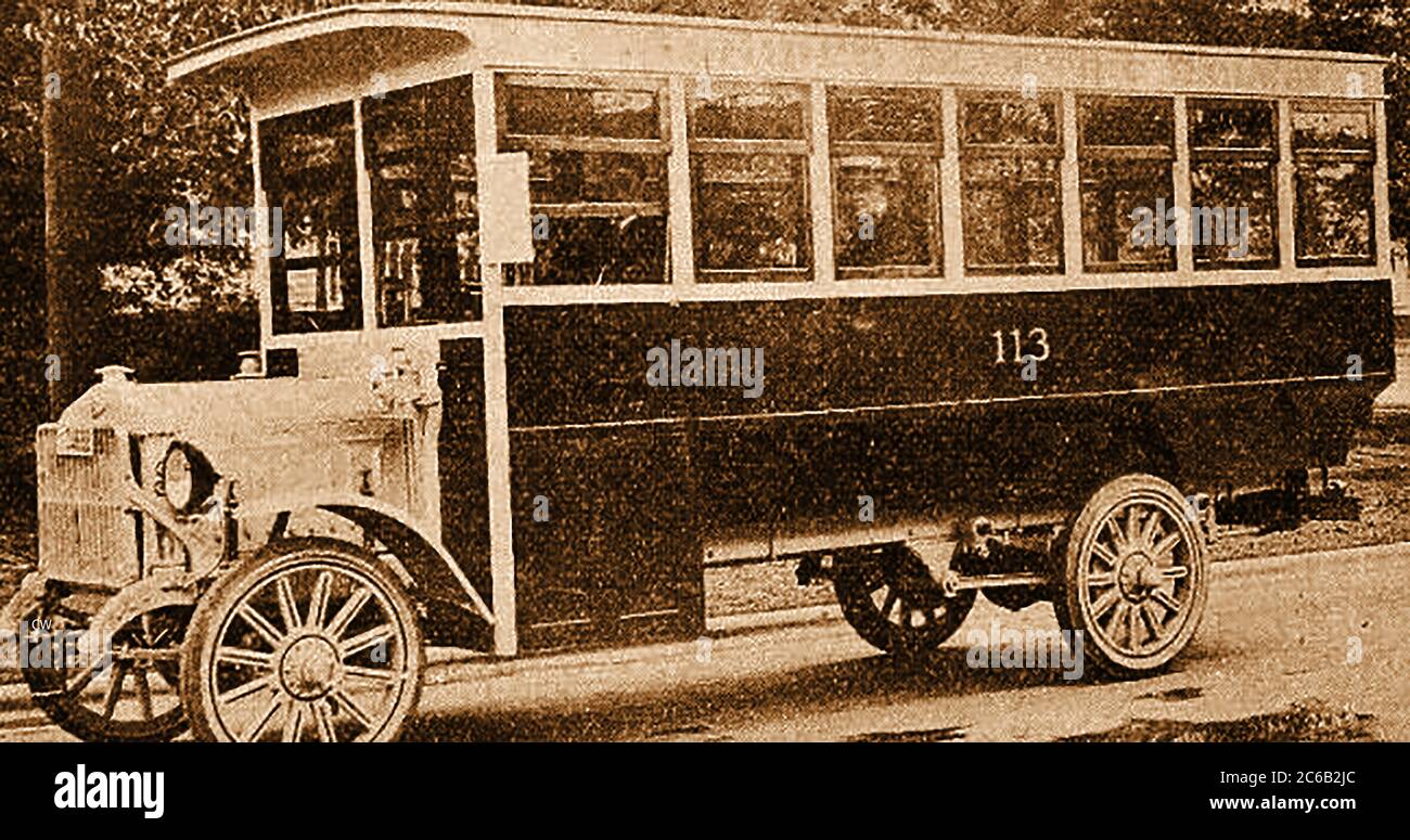 A 1920 image of a one-man operated Winnipeg Railway Company electric bus (1 of a fleet of 7). The Winnipeg General Power Company was incorporated by officers of the WESR in 1902, and amalgamated with the railway company in 1904,adopting the name  the Winnipeg Electric Railway Company (WER) which  controlled all street railway, electric power, and gas utilities in the city. The company suffered a terrible explosion and fire at the Main Street car barn on April 7, 1920 Stock Photo