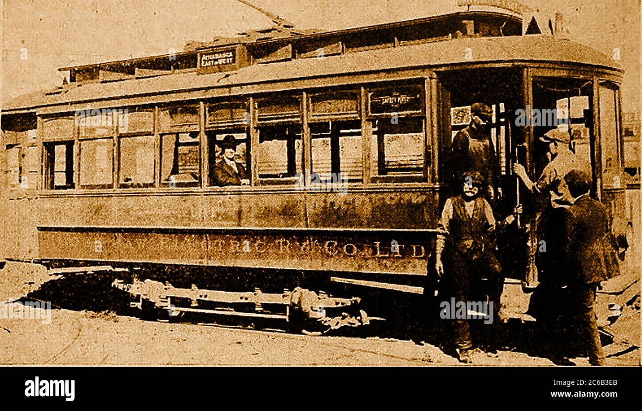 A 1920 photograph of the then new one man cars being used at ,Saskatchewan,Canada by the Moose Jaw Electric Railway  .The Moose Jaw Electric Railway was conceived in 1909 by James T. Cashman and E. M. Saunders. They were joined by    J. B. McRae and  A. Hector Dion who would become the first superintendent of the Moose Jaw Electric Railway.On August 19, 1911 the first run of a Moose Jaw streetcar occurred with a fare of   five-cents Stock Photo