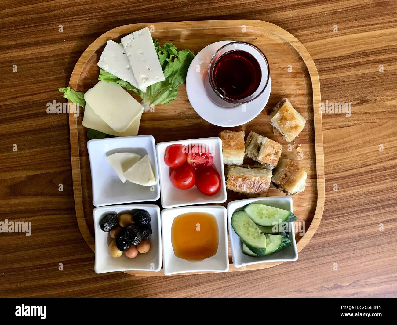 Local Tea Breakfast Turkish Breakfast with Tea in Wooden Tray served at Local Restaurant ...