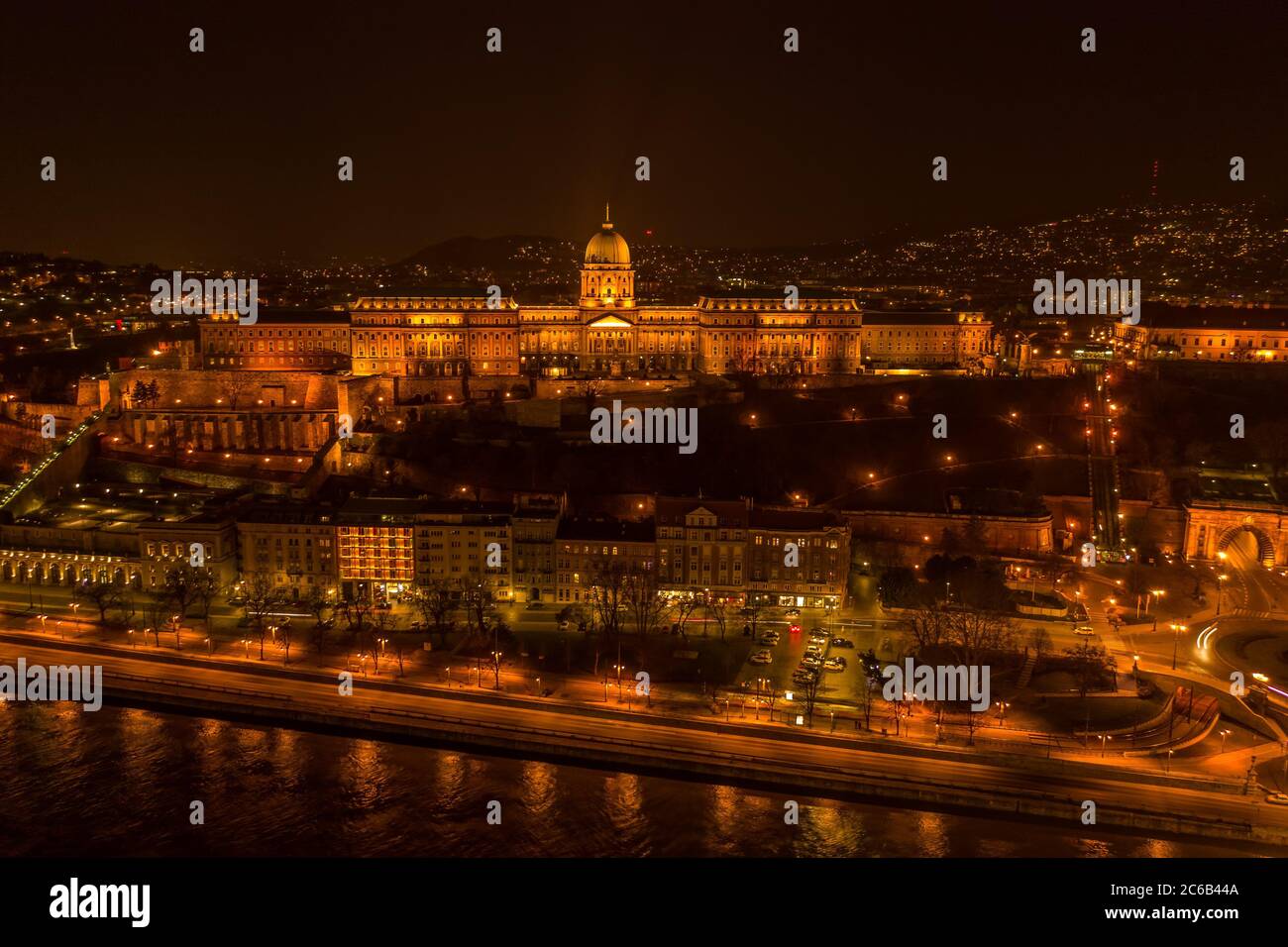 Aerial drone shot of Buda castle on Buda Hill in Budapest night with ...