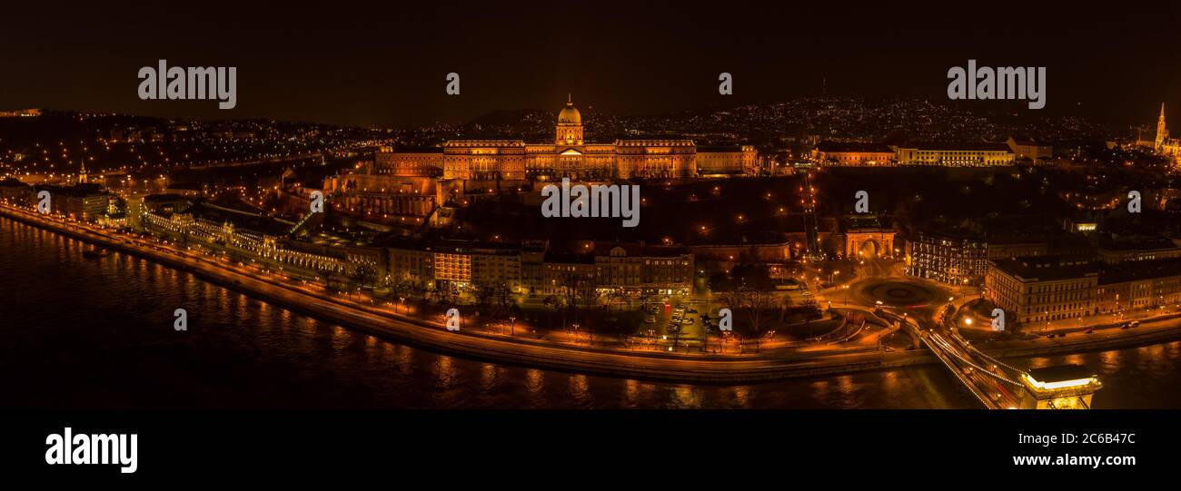 Panoramic aerial drone shot of Buda castle on Buda Hill in Budapest ...