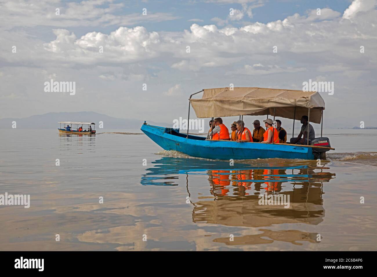 Motorboat with tourists on Lake Chamo / Chamo Hayk near Arba Minch in Southern Nations, Nationalities and Peoples' Region of southern Ethiopia, Africa Stock Photo