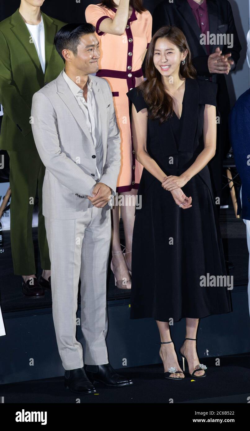 Seoul, South Korea. 8th July, 2020. (R to L) South Korean actress Uee and actor and singer Choi Si-Won (stage name: Siwon) member of South Korean boy band Super Junior attends the press conference for film 'SF8' at CGV Cinema in Seoul, South Korea on July 8, 2020. The film will be open on July 10 through the OTT platform Wavve. (Photo by Lee Young-ho/Sipa USA) Credit: Sipa USA/Alamy Live News Stock Photo