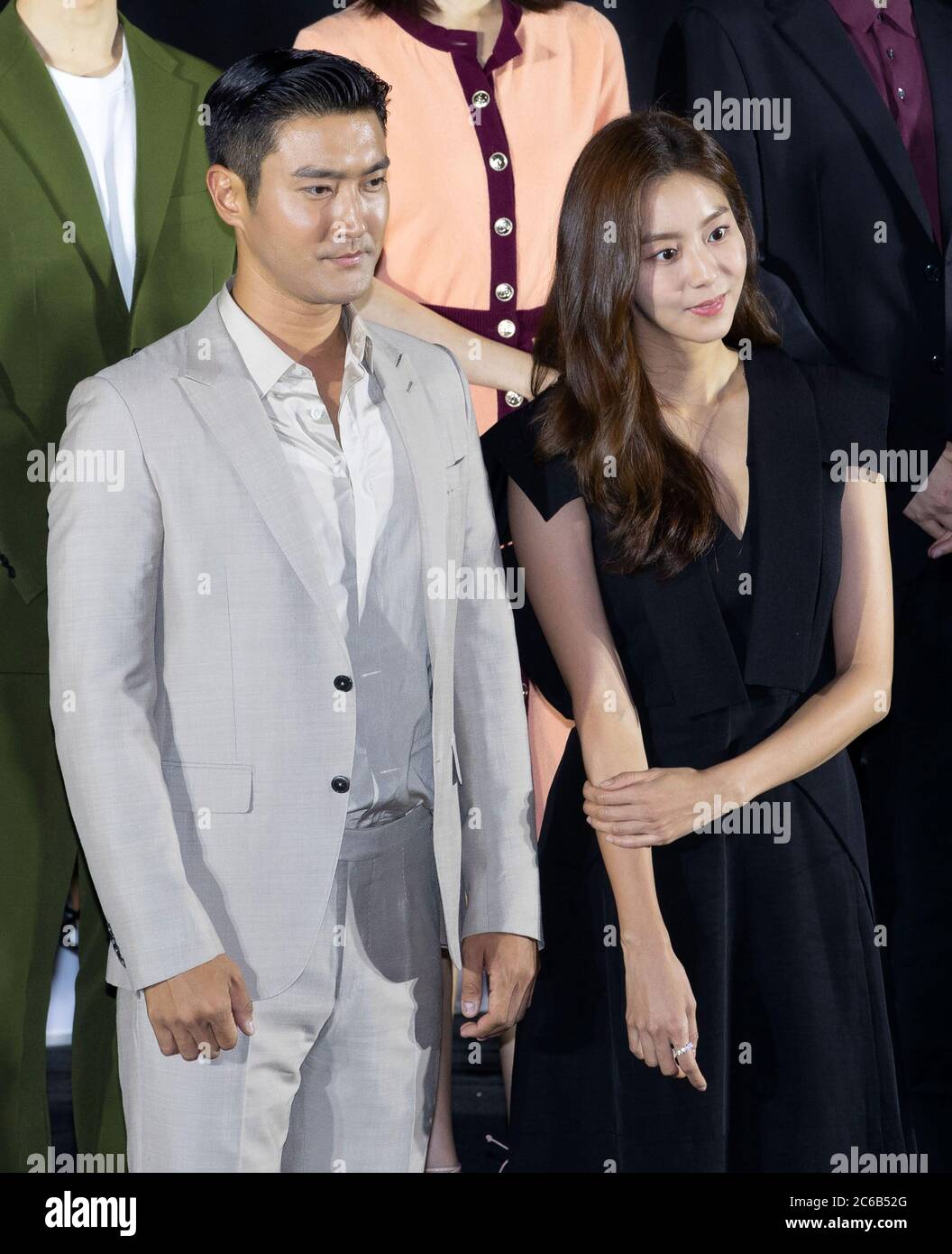 Seoul, South Korea. 8th July, 2020. (R to L) South Korean actress Uee and actor and singer Choi Si-Won (stage name: Siwon) member of South Korean boy band Super Junior attends the press conference for film 'SF8' at CGV Cinema in Seoul, South Korea on July 8, 2020. The film will be open on July 10 through the OTT platform Wavve. (Photo by Lee Young-ho/Sipa USA) Credit: Sipa USA/Alamy Live News Stock Photo