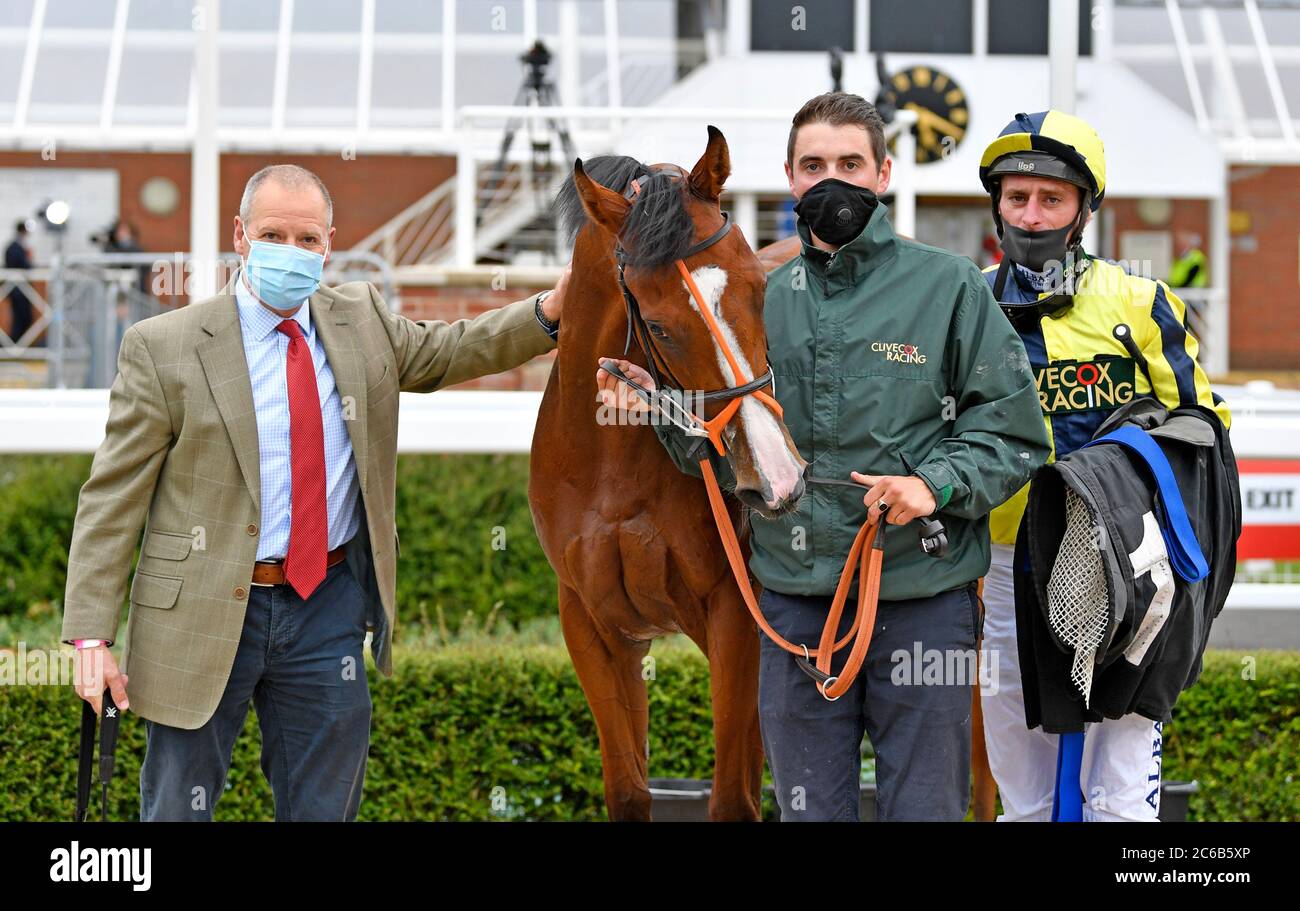 Isabella Giles and jockey Adam Kirby after winning the Oakley Coachbuilders EBF Fillies' Novice Auction Stakes at Newbury Racecourse 8th July 2020 at Newbury Racecourse. Stock Photo