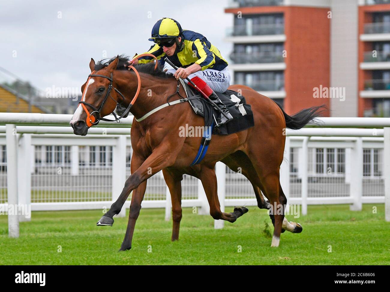 Isabella Giles and jockey Adam Kirby wins the Oakley Coachbuilders EBF Fillies' Novice Auction Stakes at Newbury Racecourse 8th July 2020 at Newbury Racecourse. Stock Photo