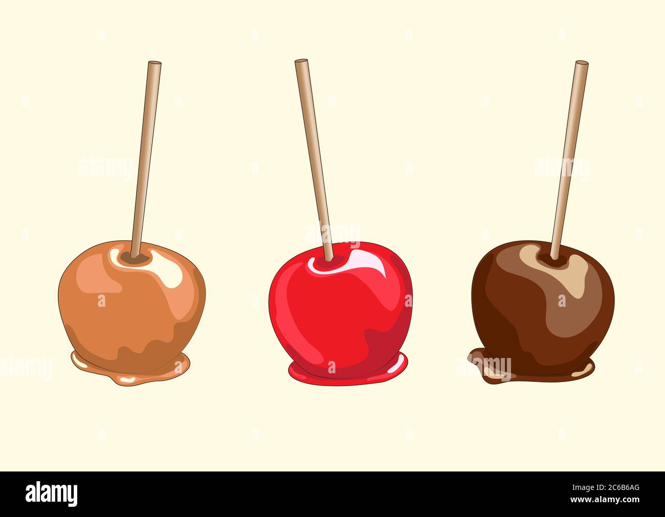 Candy apples. Chocolate, caramel and toffee candy apples isolated. EPS10 vector format. Stock Vector