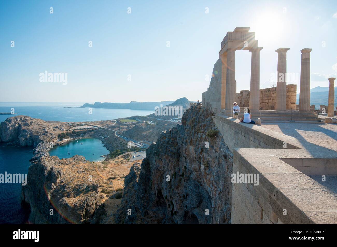 View over St. Pauls Bay from the Acropolis of Lindos, Rhodes, Dodecanese, Greek Islands, Greece, Europe Stock Photo