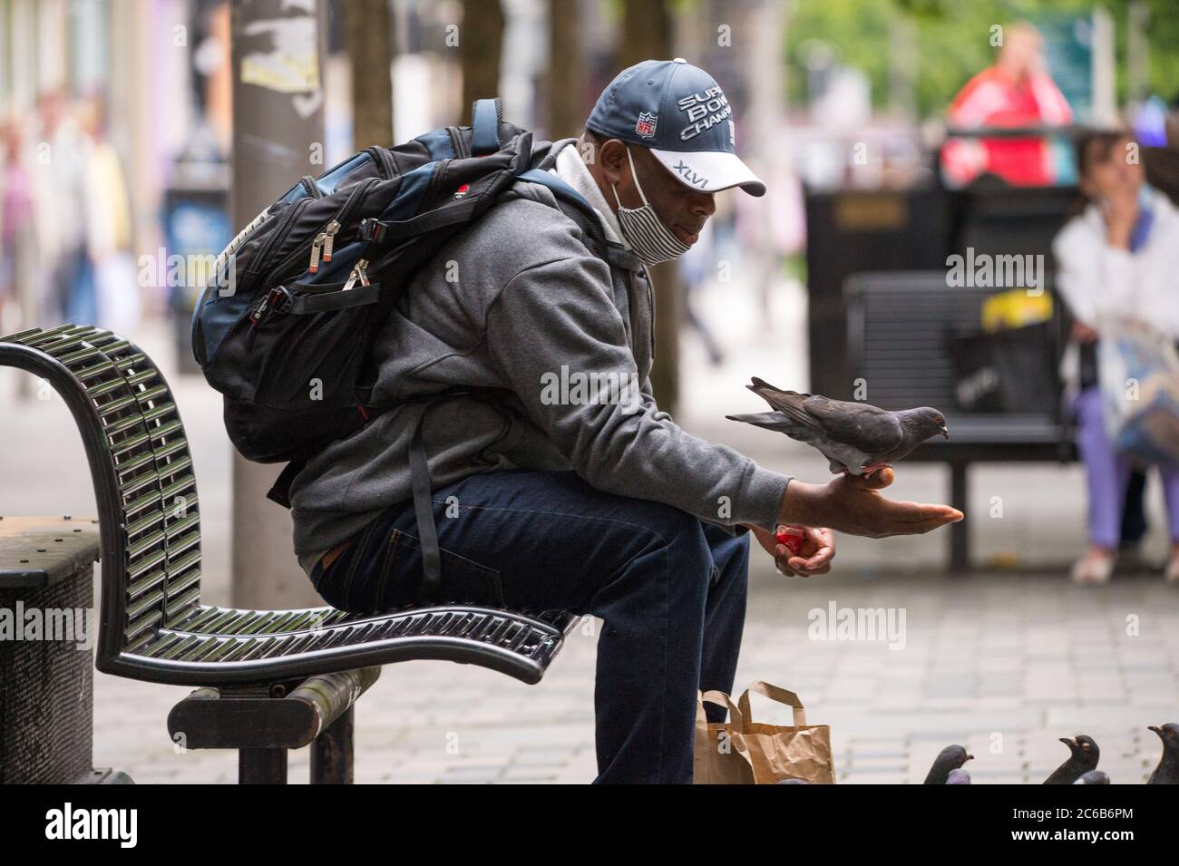Glasgow, Scotland, UK. 8th July, 2020. Pictured: A man feeds pigeons by hand in Sauchielhall Street of Glasgows shopping district. Credit: Colin Fisher/Alamy Live News Stock Photo