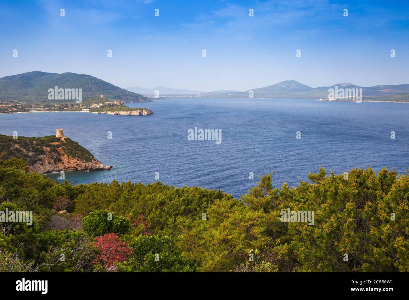 View towards Bollo Tower, Capo Caccia, Porto Conte National Park, Alghero, Sardinia, Italy, Mediterranean, Europe Stock Photo