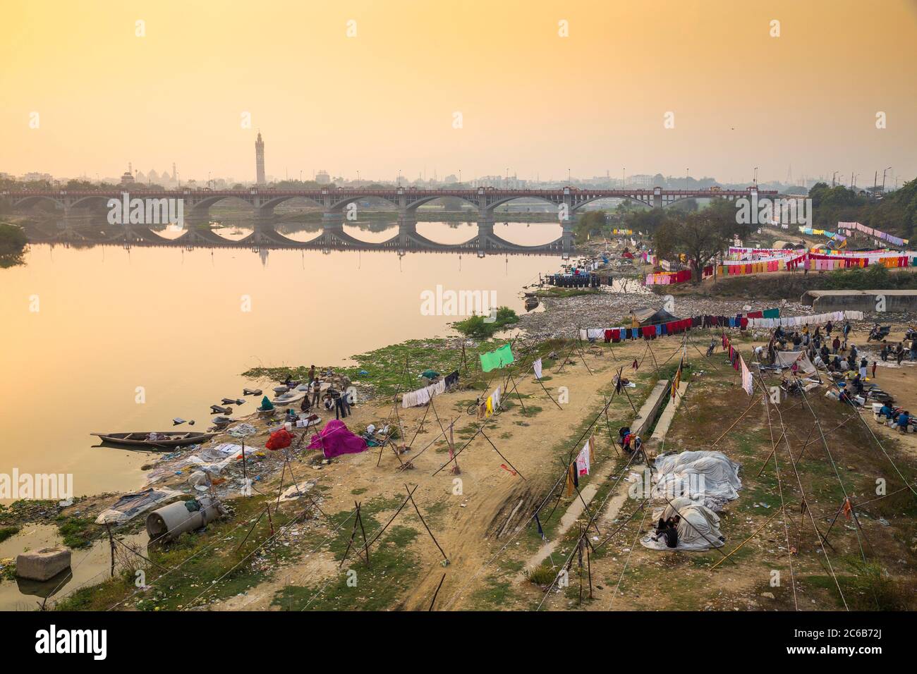 Washing drying on banks of Gomti River, Lucknow, Uttar Pradesh, India, Asia Stock Photo