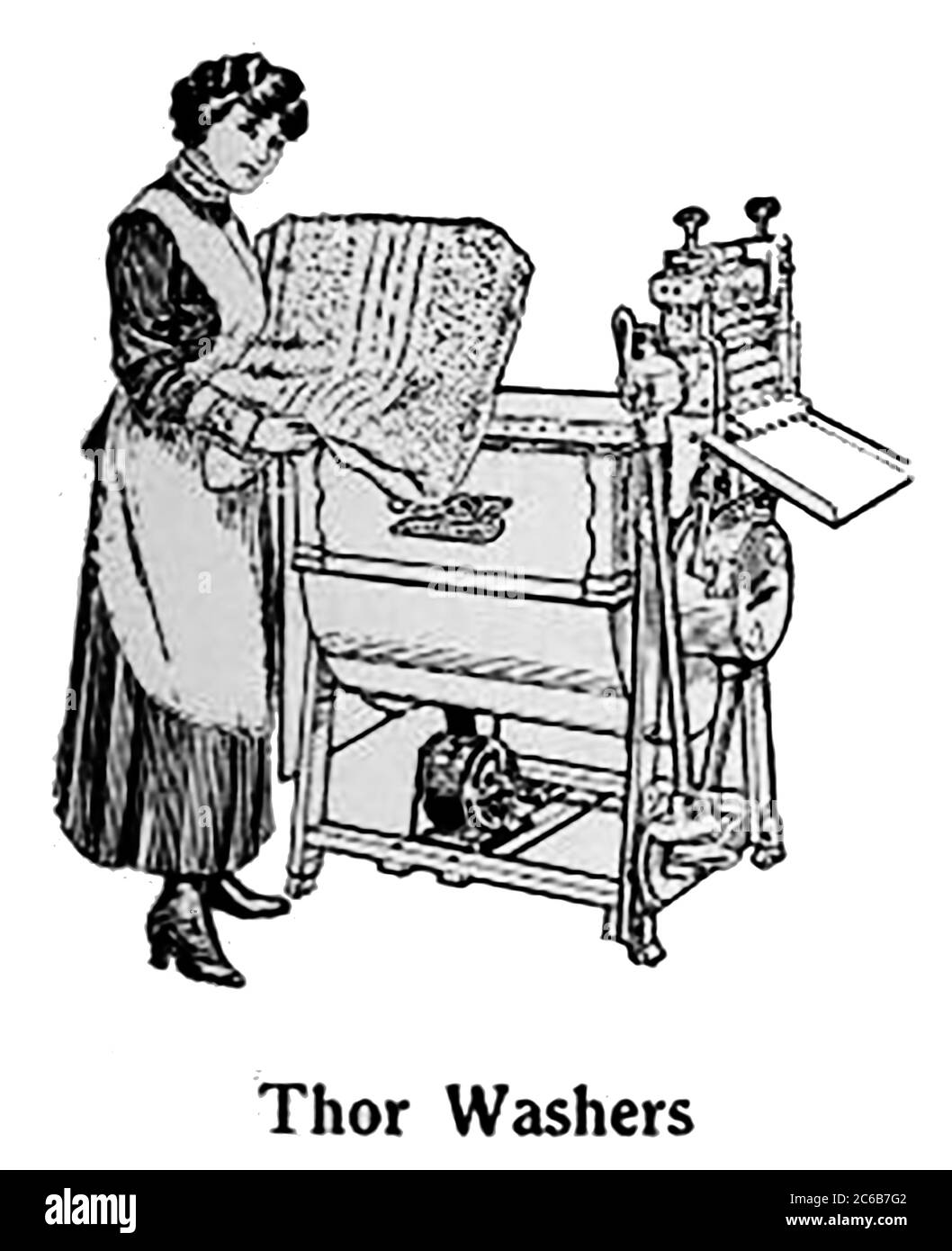 A housewife or servant using a Thor brand electric washer and ringer. (1920 image). The Thor washing machine was the first electric clothes washer sold commercially in the United States (and possibly throughout the world though this was disputed by the Nineteen Hundred Washing Machine Company of Binghamton, NY) by Chicago-based Hurley Electric Laundry Equipment Company, the 1907 Thor was invented by   Hurley engineer Alva J. Fisher. Its also been stated that  a Ford Motor Company employee invented the electric washer Stock Photo
