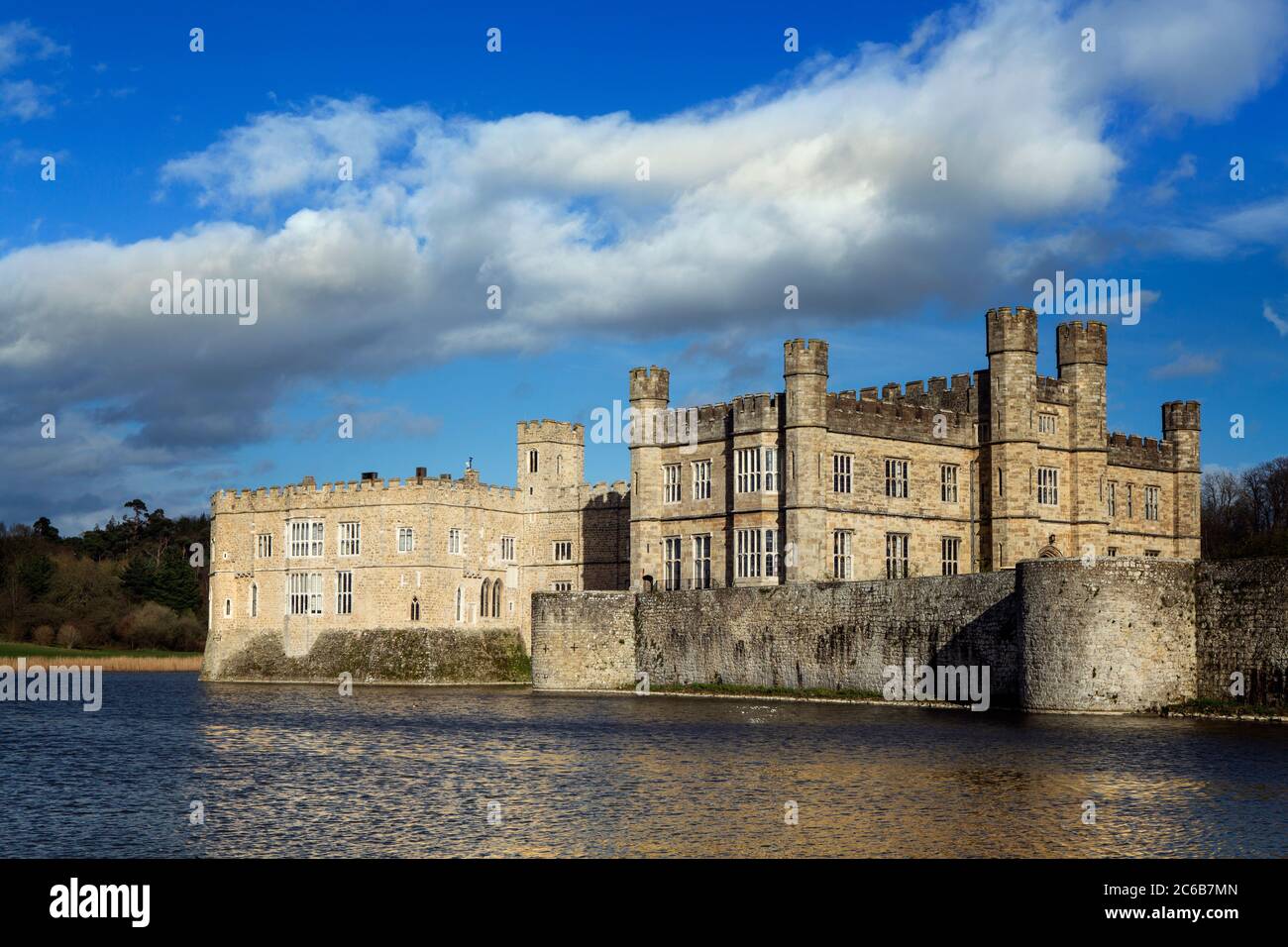 View across the lake to the castle, former home of Catherine of Aragon, first wife of Henry VIII, Leeds Castle, Kent, England, United Kingdom, Europe Stock Photo