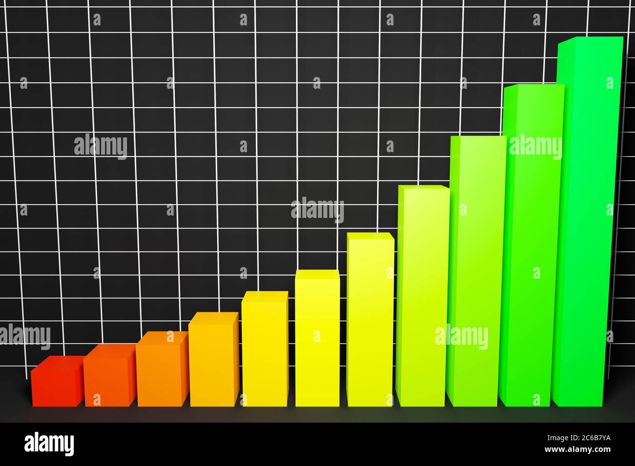 3d illustration of a bar graph with increasing columns from small to ...