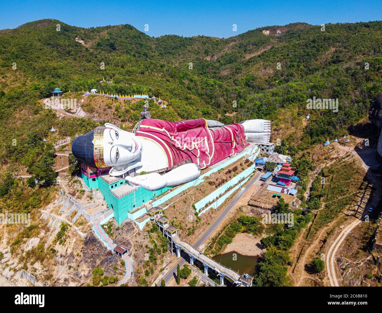 Aerial by drone of a giant reclining Buddha in Win Sein Taw Ya outside Mawlamyine, Mon state, Myanmar (Burma), Asia Stock Photo