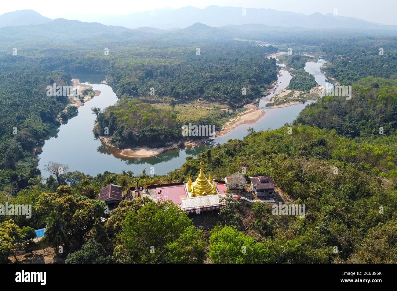 Aerial by drone of the Shwemawdaw Paya and the Ye River, Kyaing Ywar near Ye, Mon state, Myanmar (Burma), Asia Stock Photo