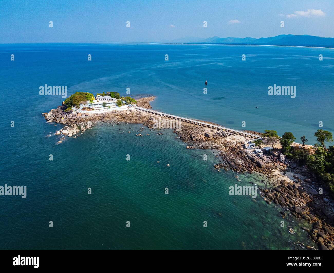 Aerial by drone of the Myaw Yit Pagoda in the ocean near Dawei, Mon state, Myanmar (Burma), Asia Stock Photo