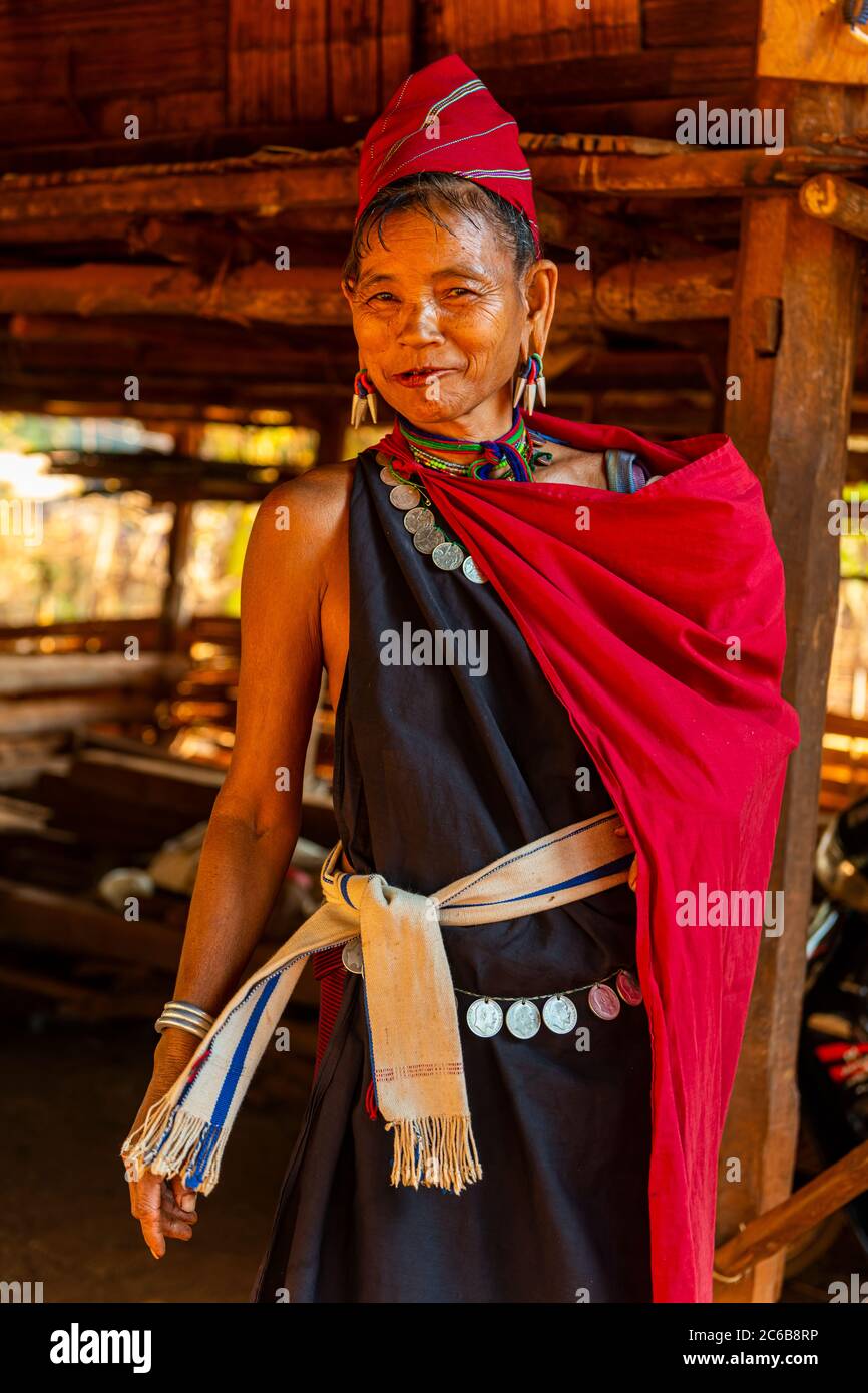 Old Kayan woman, Kayah village, Loikaw area, Kayah state, Myanmar (Burma), Asia Stock Photo