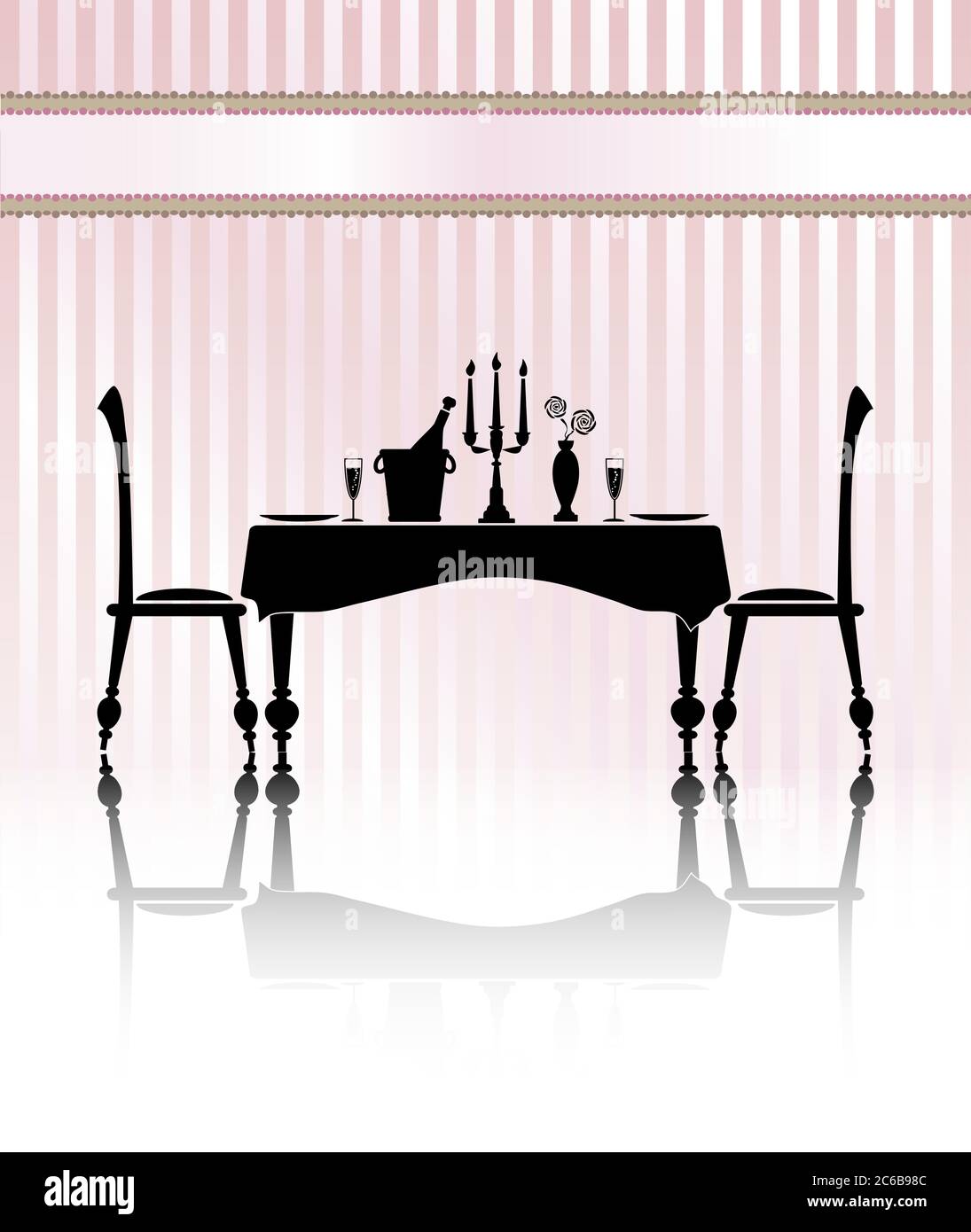 Silhouette of a romantic table setting for two. Black and white with reflection and pink candystripe background. Banner for your text. EPS10 vector fo Stock Vector