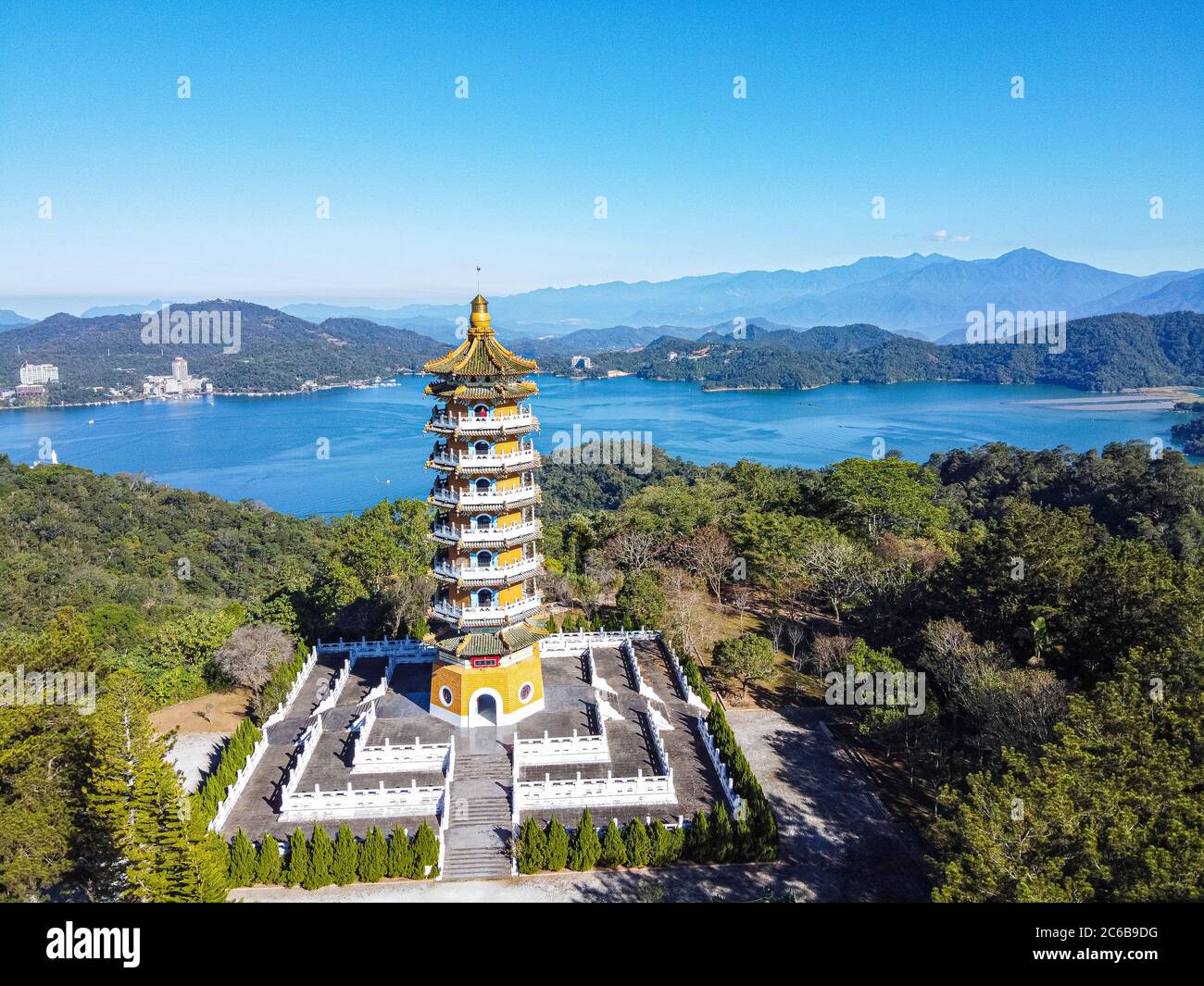 Aerial by drone over the Ci'en Pagoda and Sun Moon Lake, National Scenic Area, Nantou county, Taiwan, Asia Stock Photo