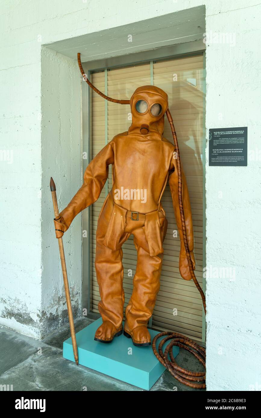 Old leather diving suit on display at the Museo do Mar de Galicia - sea maritime museum in VIgo, Galicia, Spain, Europe Stock Photo