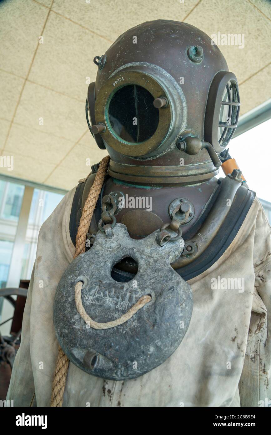 Old diving suit on display at the Museo do Mar de Galicia - sea maritime museum in VIgo, Galicia, Spain, Europe Stock Photo