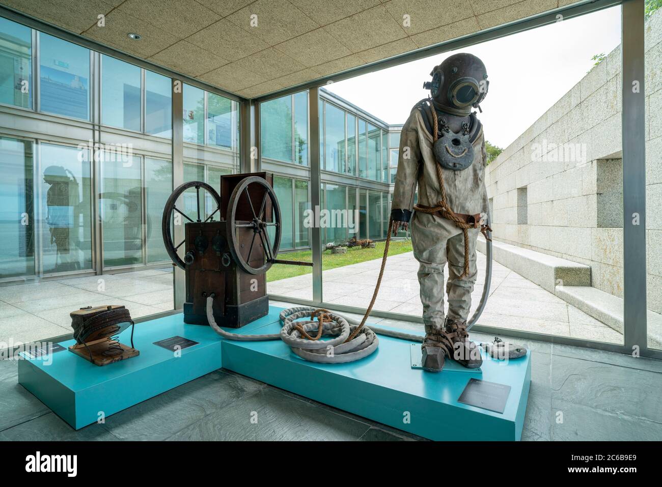 Old diving suit on display at the Museo do Mar de Galicia - sea maritime museum in VIgo, Galicia, Spain, Europe Stock Photo