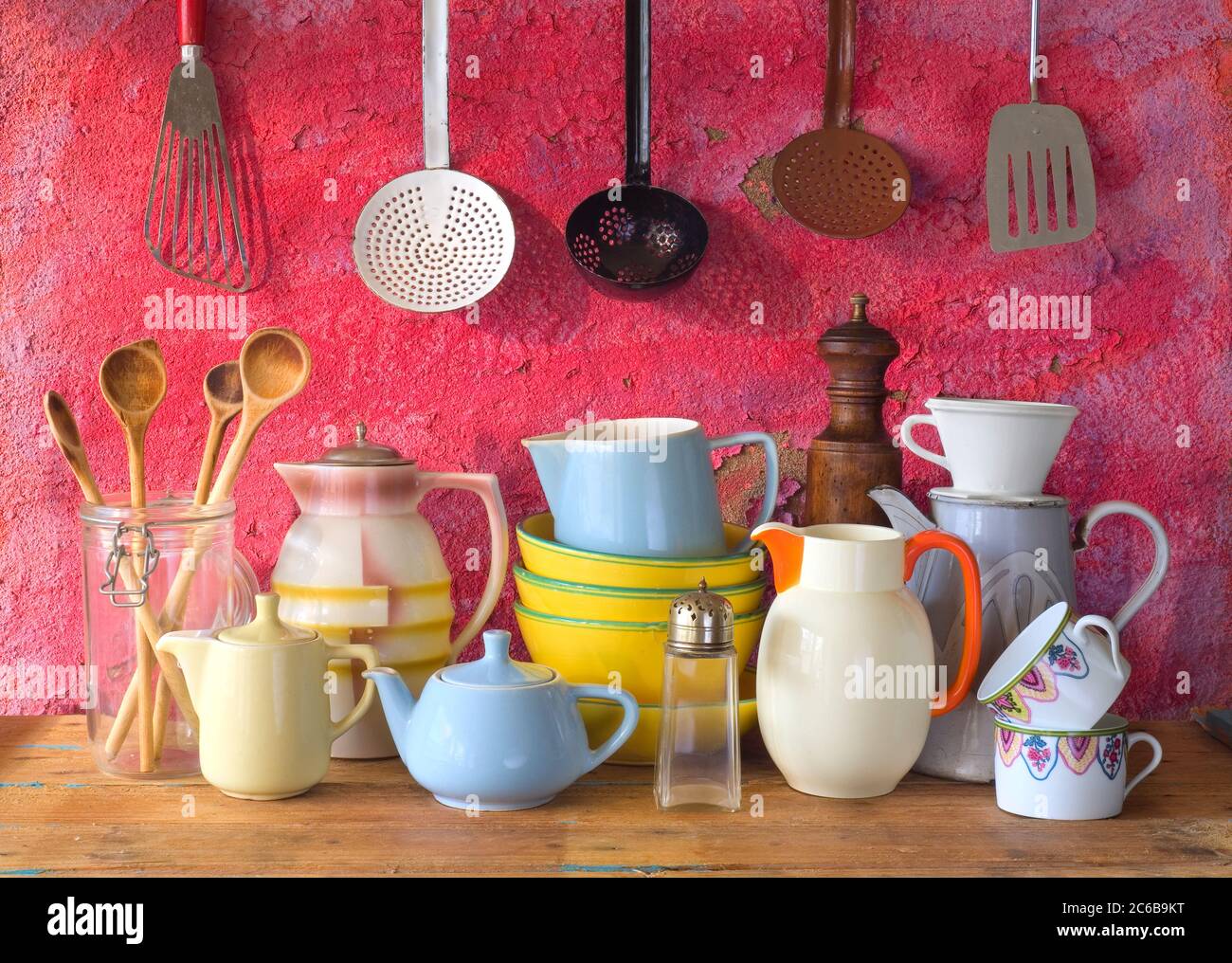 collection of vintage kitchenware, red background Stock Photo Alamy