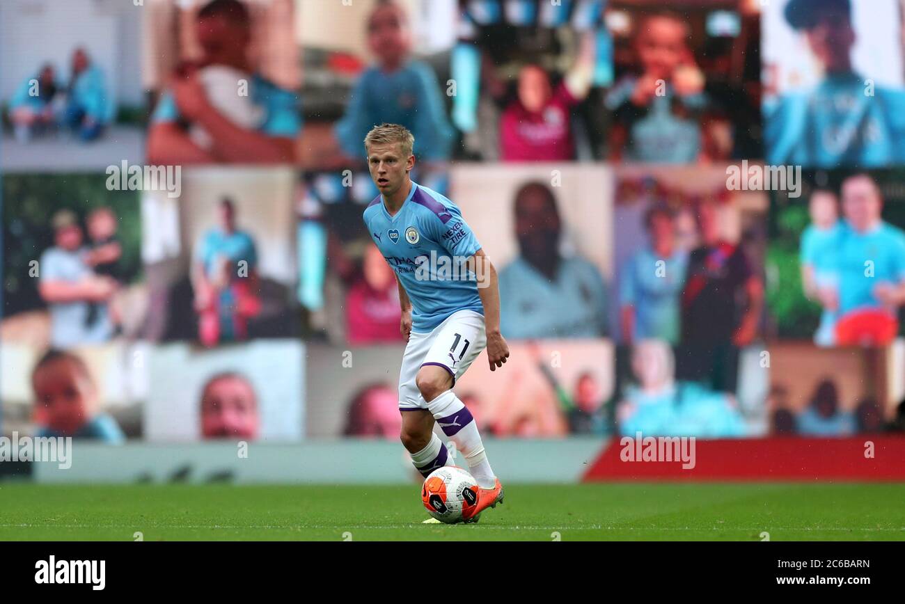 Manchester City's Oleksandr Zinchenko in front of the fan video wall during the Premier League match at the Etihad Stadium, Manchester. Stock Photo