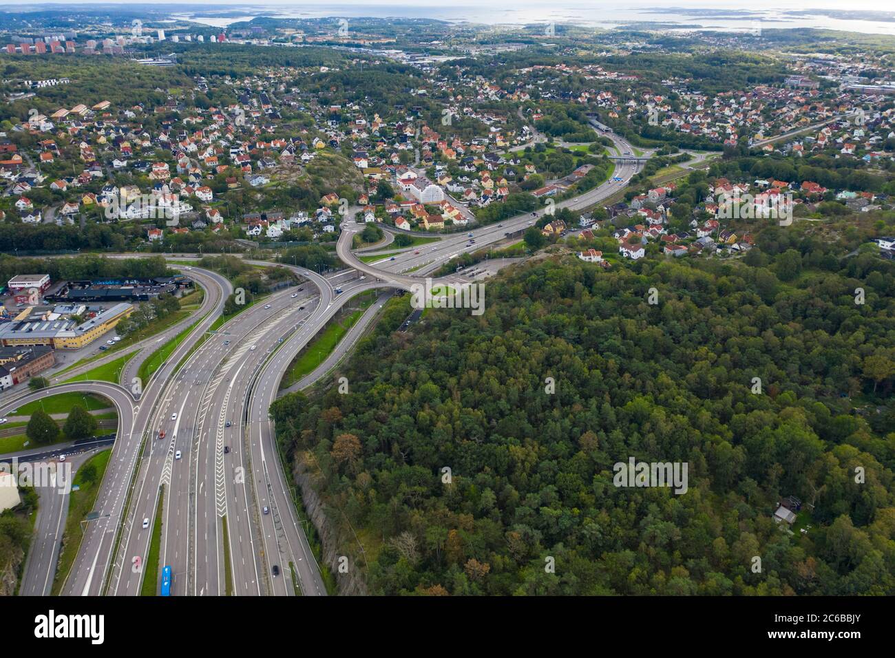Aerial view by drone of Highway road in Gothenburg, Sweden, Scandinavia, Europe Stock Photo