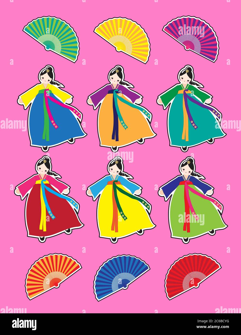 Cute Korean girls in national dress stickers.  EPS10 vector format. Stock Vector