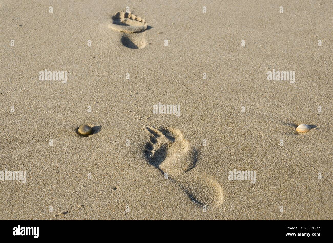 Footsteps in the sand at the beach Stock Photo