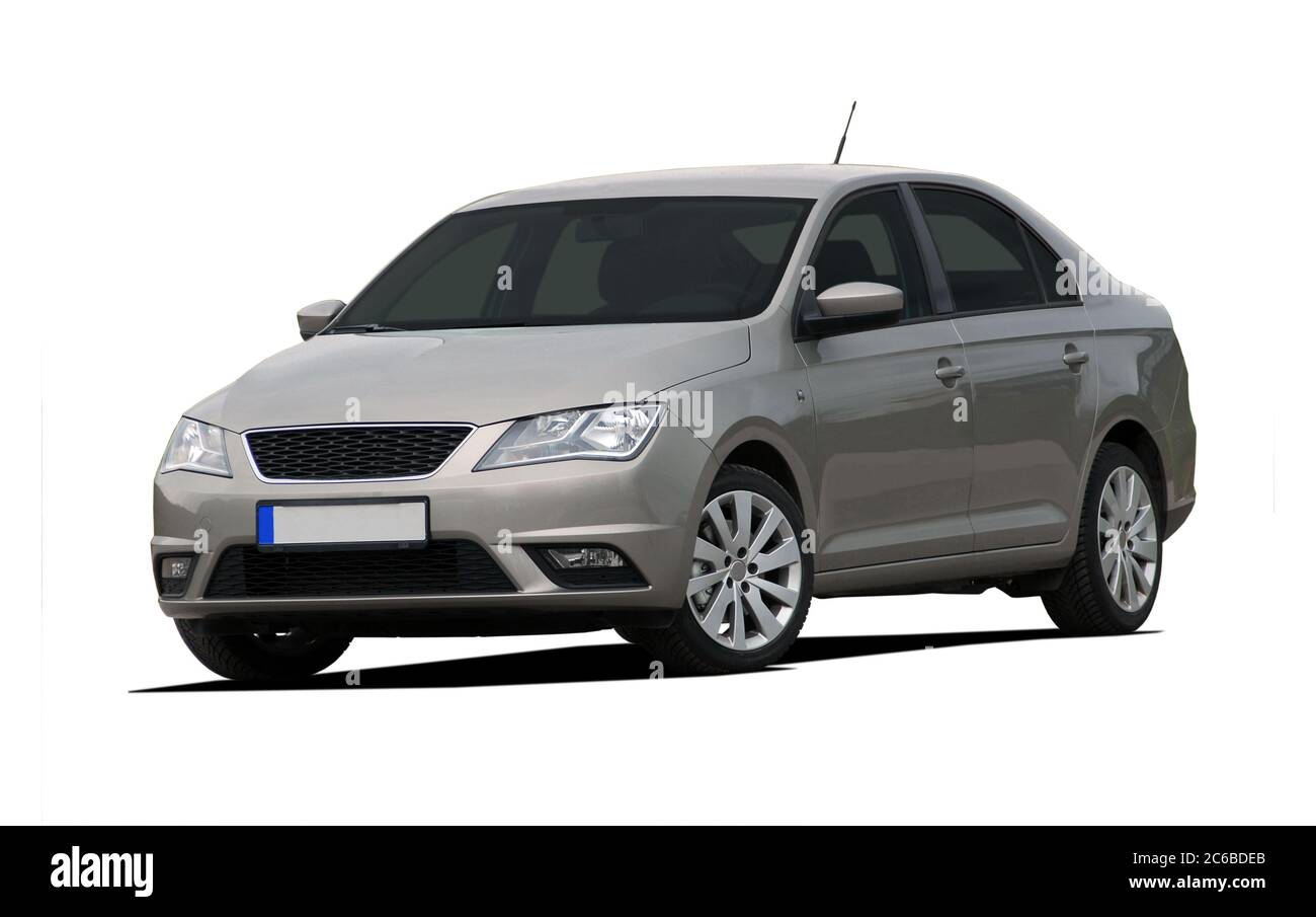 white sedan front view, passenger car, car on white background Stock