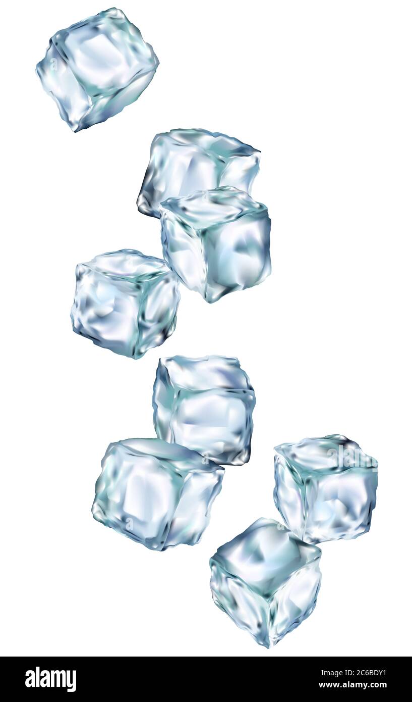 Ice cubes transparent 3d illustration realistic set. Water freeze Clip art for your design. Stock Photo