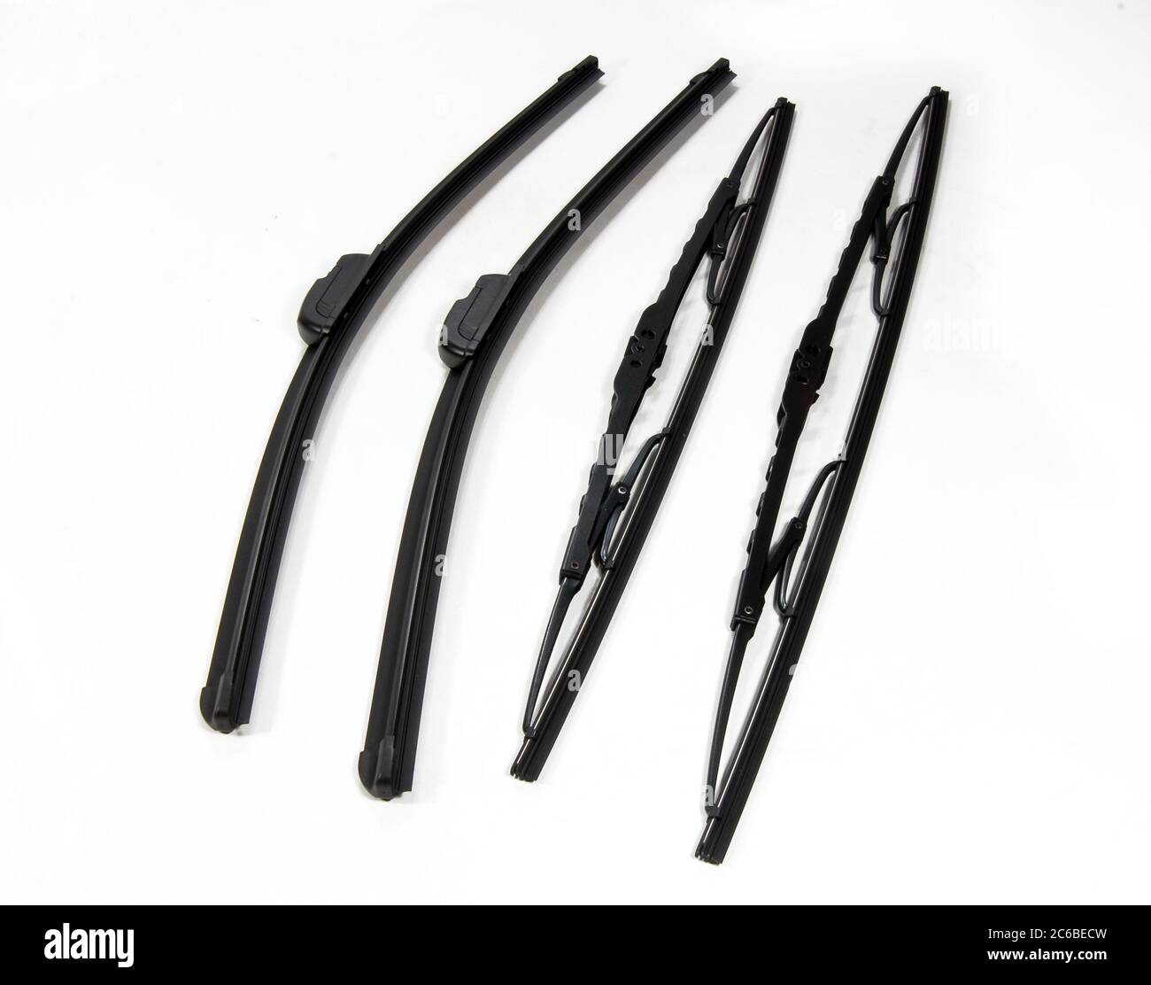 four cars windshield wipers on a white background, automotive